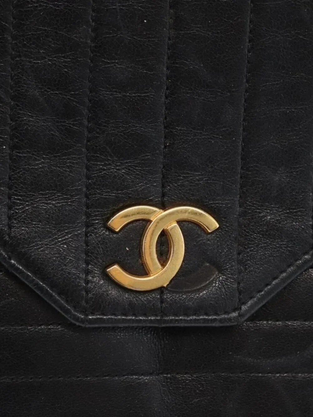 CHANEL Mademoiselle Chain Shoulder Bag Lamb Skin Black Gold CC Auth bs21196